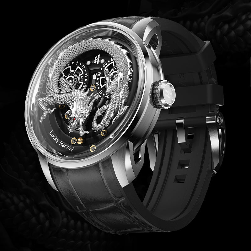Lucky Harvey Dragon automaton Watch – Hand-Engraved 925 Silver Dragon with 999 Gold Bead Display