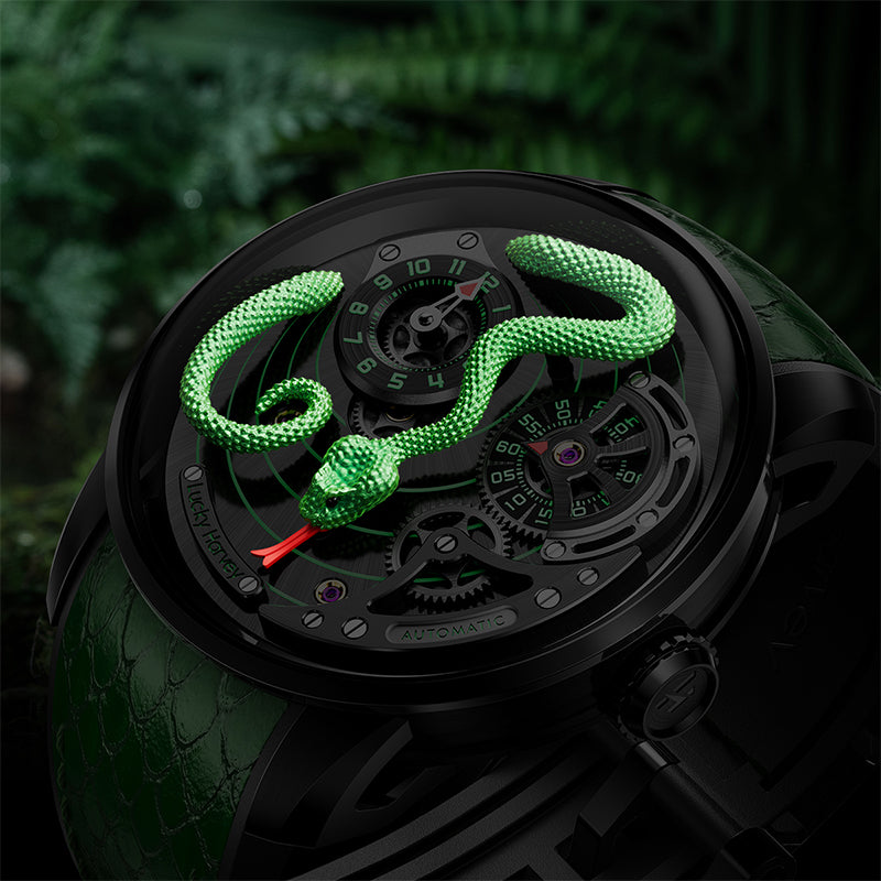 Lucky Harvey Craftsmanship Series Green Snake automaton Watch – Hand-Engraved 925 Silver Design with  Animated Dial