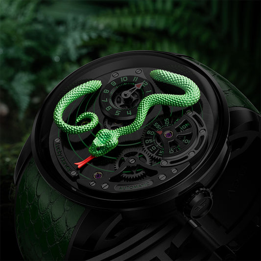 Lucky Harvey Craftsmanship Series Green Snake automaton Watch – Hand-Engraved 925 Silver Design with  Animated Dial