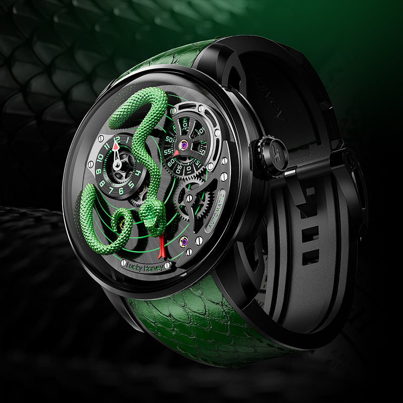 Lucky Harvey Craftsmanship Series Green Snake automaton Watch – Hand-Engraved 925 Silver Design with  Animated Dial